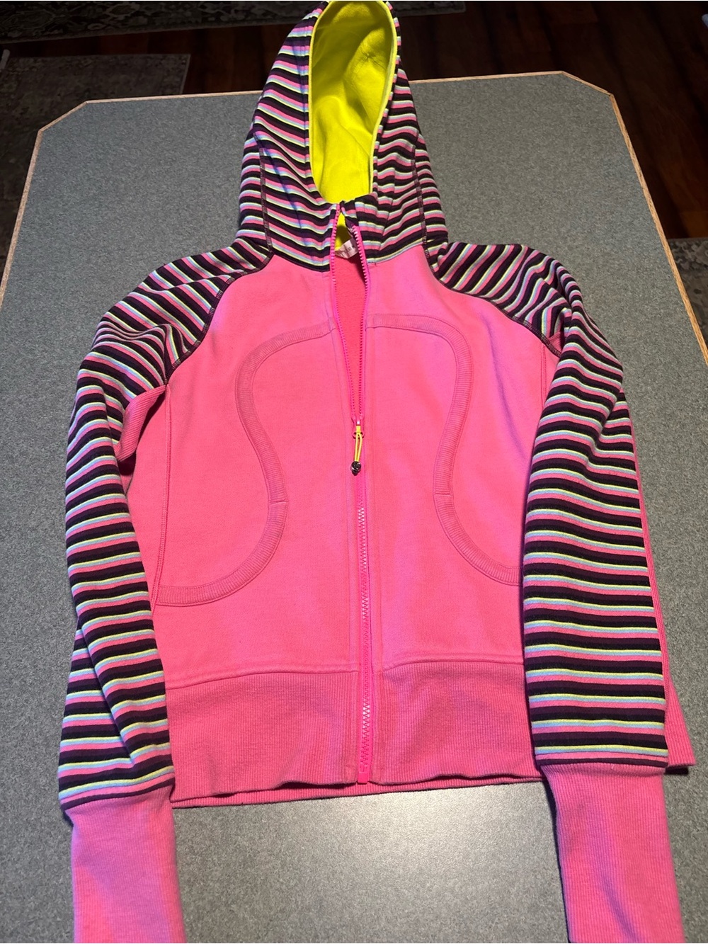 lululemon athletica Pink Zip Hoodie with Multicolor Striped Sleeves